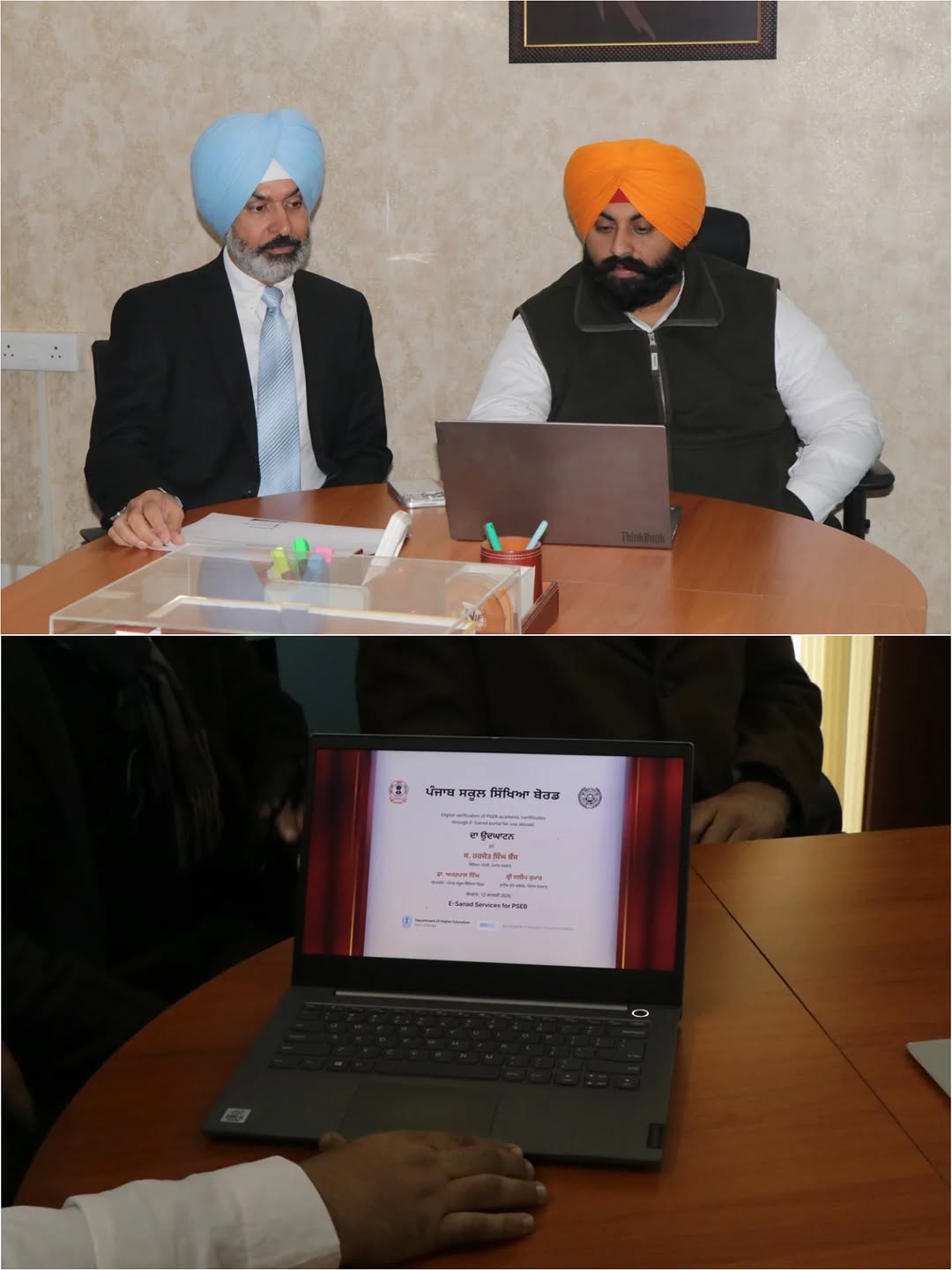 ਪੰਜਾਬ ਸਕੂਲ ਸਿੱਖਿਆ ਬੋਰਡ ਵੱਲੋਂ ਵਿਦਿਆਰਥੀਆਂ ਦੇ ਅਕਾਦਮਿਕ ਦਸਤਾਵੇਜ਼ਾਂ ਦੀ ਤਸਦੀਕ ਲਈ ਈ-ਸਨਦ ਡਿਜ਼ਿਟਲ ਤਸਦੀਕ ਸੇਵਾ ਦੀ ਸ਼ੁਰੂਆਤ ਕੀਤੀ ਗਈ। ਇਸ ਮਹੱਤਵਪੂਰਨ ਸੇਵਾ ਦਾ ਉਦਘਾਟਨ ਮਾਨਯੋਗ ਸਿੱਖਿਆ ਮੰਤਰੀ ਪੰਜਾਬ ਸ੍ਰੀ ਹਰਜੋਤ ਬੈਂਸ ਜੀ ਵੱਲੋਂ ਕੀਤਾ ਗਿਆ।
ਇਸ ਮੌਕੇ ‘ਤੇ ਡਾ. ਅਮਰਪਾਲ ਸਿੰਘ ਜੀ, ਚੇਅਰਮੈਨ ਪੰਜਾਬ ਸਕੂਲ ਸਿੱਖਿਆ ਬੋਰਡ, ਸ੍ਰੀ ਹਰਸੁਨਹਿੰਦਰ ਪਾਲ ਸਿੰਘ ਬਰਾੜ (IAS), ਡਾਇਰੈਕਟਰ ਹਾਇਰ ਐਜੂਕੇਸ਼ਨ, ਅਤੇ ਸ੍ਰੀ ਵਿਵੇਕ ਵਰਮਾ, ਐੱਸ.ਆਈ.ਓ. – ਐਨ.ਆਈ.ਸੀ. ਪੰਜਾਬ ਵਿਸ਼ੇਸ਼ ਤੌਰ ‘ਤੇ ਹਾਜ਼ਰ ਰਹੇ।
ਇਸ ਨਵੀਂ ਪਹਲ ਨਾਲ ਹੁਣ ਵਿਦੇਸ਼ਾਂ ਵਿੱਚ ਵੱਸਦੇ ਅਤੇ ਦੂਰ-ਦਰਾਜ਼ ਇਲਾਕਿਆਂ ਵਿੱਚ ਰਹਿੰਦੇ ਪੁਰਾਣੇ ਅਤੇ ਨਵੇਂ ਵਿਦਿਆਰਥੀ ਆਪਣੇ ਸਰਟੀਫਿਕੇਟਾਂ ਅਤੇ ਮਾਰਕਸ਼ੀਟਾਂ ਦੀ ਤਸਦੀਕ ਲਈ ਘਰ ਬੈਠੇ ਹੀ ਆਨਲਾਈਨ ਅਰਜ਼ੀ ਦੇ ਸਕਣਗੇ। ਪਹਿਲਾਂ ਇਸ ਪ੍ਰਕਿਰਿਆ ਲਈ ਵਿਦਿਆਰਥੀਆਂ ਨੂੰ ਏਜੰਟਾਂ ਰਾਹੀਂ ਅਰਜ਼ੀ ਦੇਣੀ ਪੈਂਦੀ ਸੀ, ਜਿਸ ਨਾਲ ਵਧੇਰੇ ਸਮਾਂ ਲੱਗਦਾ ਅਤੇ ਵਾਧੂ ਖਰਚਾ ਵੀ ਕਰਨਾ ਪੈਂਦਾ ਸੀ।
ਪਰ ਹੁਣ ਇਹ ਪੂਰੀ ਪ੍ਰਕਿਰਿਆ ਆਸਾਨ, ਤੇਜ਼ ਅਤੇ ਪਾਰਦਰਸ਼ੀ ਬਣ ਗਈ ਹੈ। ਇਸ ਸੇਵਾ ਰਾਹੀਂ ਦਸਤਾਵੇਜ਼ਾਂ ਦੀ ਡਿਜ਼ਿਟਲ ਜਾਂਚ ਤੋਂ ਬਾਅਦ ਵਿਦੇਸ਼ ਮੰਤਰਾਲੇ ਵੱਲੋਂ ਅਪੋਸਟਿਲ ਅਤੇ ਪ੍ਰਮਾਣਿਕਤਾ ਦੀ ਸਹੂਲਤ ਵੀ ਉਪਲਬਧ ਕਰਵਾਈ ਜਾਂਦੀ ਹੈ, ਜਿਸ ਨਾਲ ਤਸਦੀਕ ਦੀ ਸਮਾਂ-ਸੀਮਾ ਕਾਫ਼ੀ ਘੱਟ ਹੋ ਗਈ ਹੈ। 

The Punjab School Education Board has launched the e-Sanad Digital Verification Service to facilitate the verification of students’ academic documents. This important service was formally inaugurated by the Hon’ble Education Minister of Punjab, Shri Harjot Bains Ji.
On this occasion, Dr. Amarpal Singh Ji, Chairman, Punjab School Education Board; Shri Harsunhinder Pal Singh Brar (IAS), Director Higher Education; and Shri Vivek Verma, SIO – NIC Punjab, were specially present.
With this new initiative, both current and former students—especially those residing abroad or in remote areas—can now apply online from the comfort of their homes for the verification of their certificates and mark sheets. Earlier, students had to rely on agents for this process, which was time-consuming and involved additional expenses.
Now, the entire process has become simple, fast, and transparent. Through this service, after digital verification of documents, the Ministry of External Affairs also provides apostille and attestation facilities, significantly reducing the overall verification timeline.